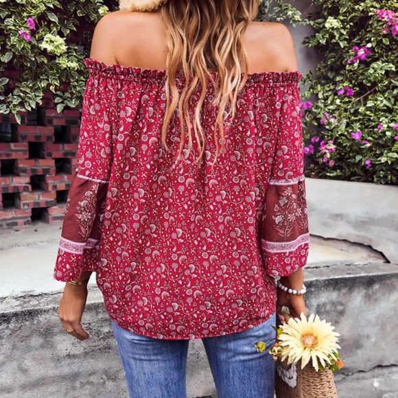 Off the shoulder 3/4 sleeve tassel paisley floral print boho top blouse - Picture 6 of 6